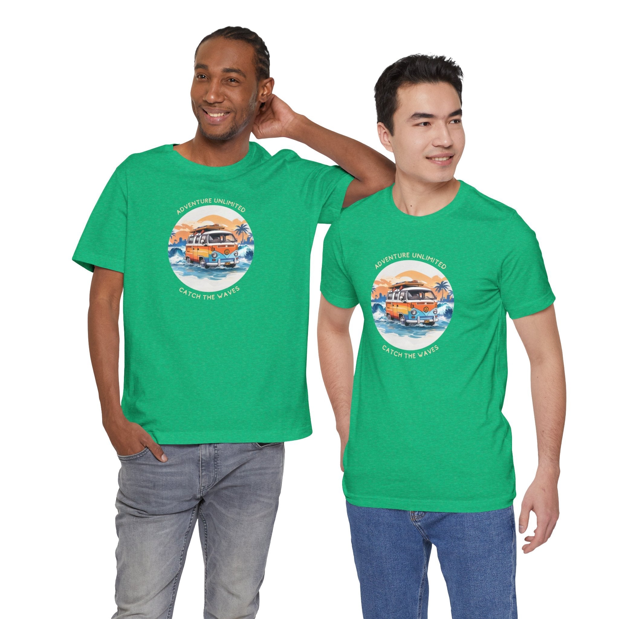Adventure Unlimited green printed ’I love you’ unisex tee - direct-to-garment item worn by two men