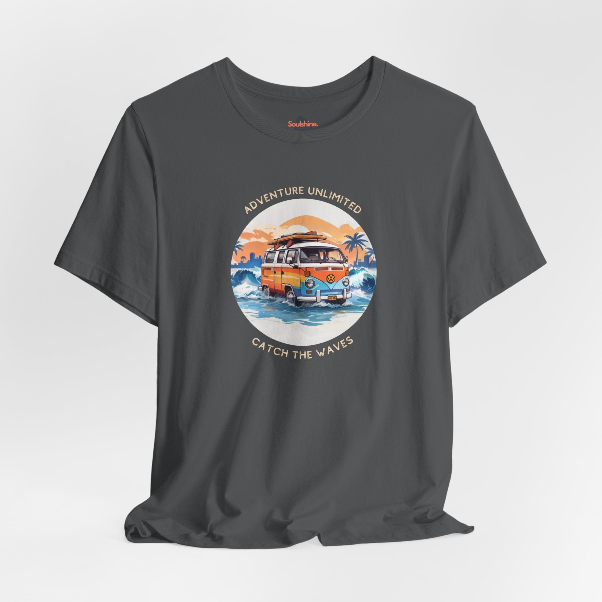 Adventure Unlimited black t shirt with van on beach printed design