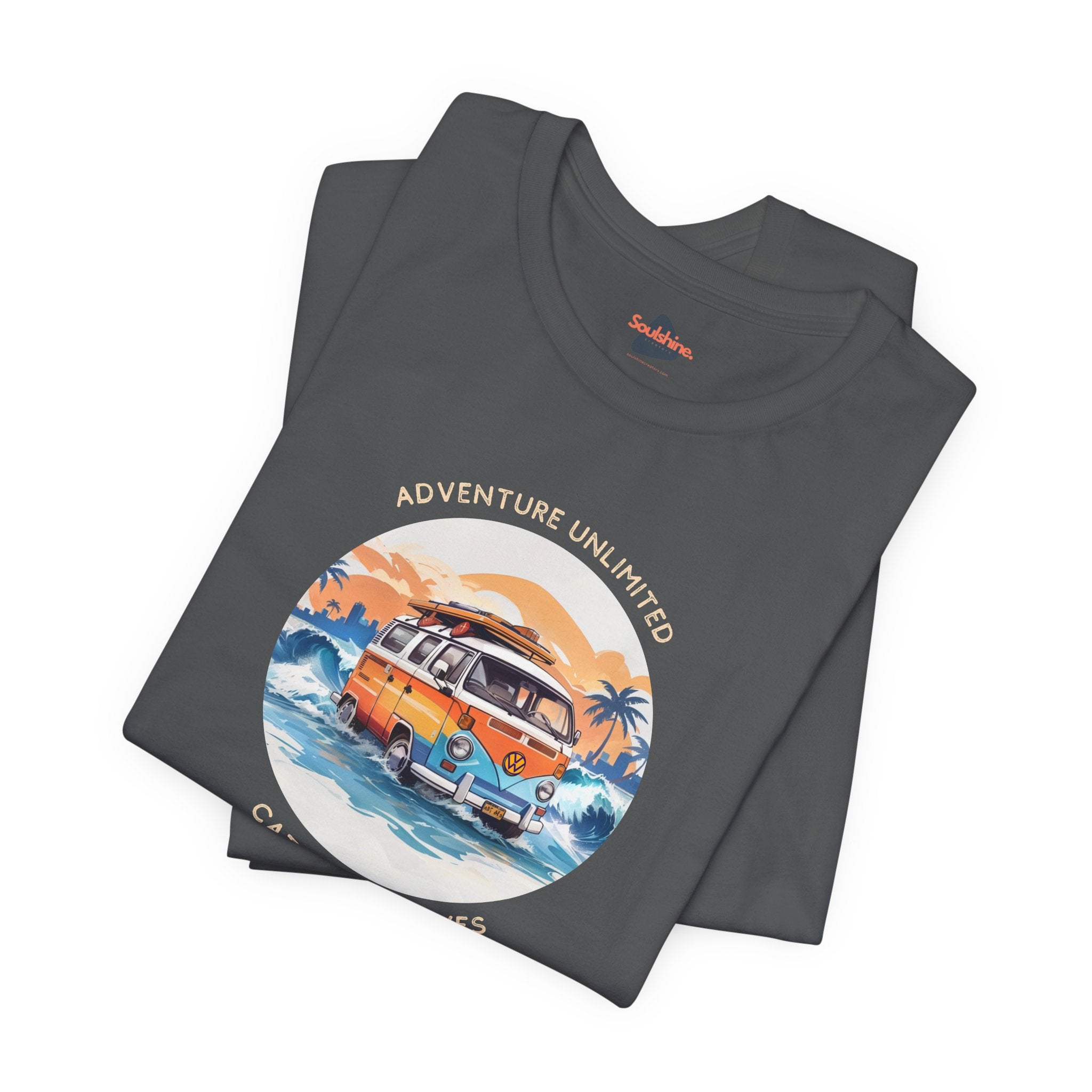 Adventure Unlimited Unisex Jersey Short Sleeve Tee with Direct-to-Garment Printed Van and Surfboard Design