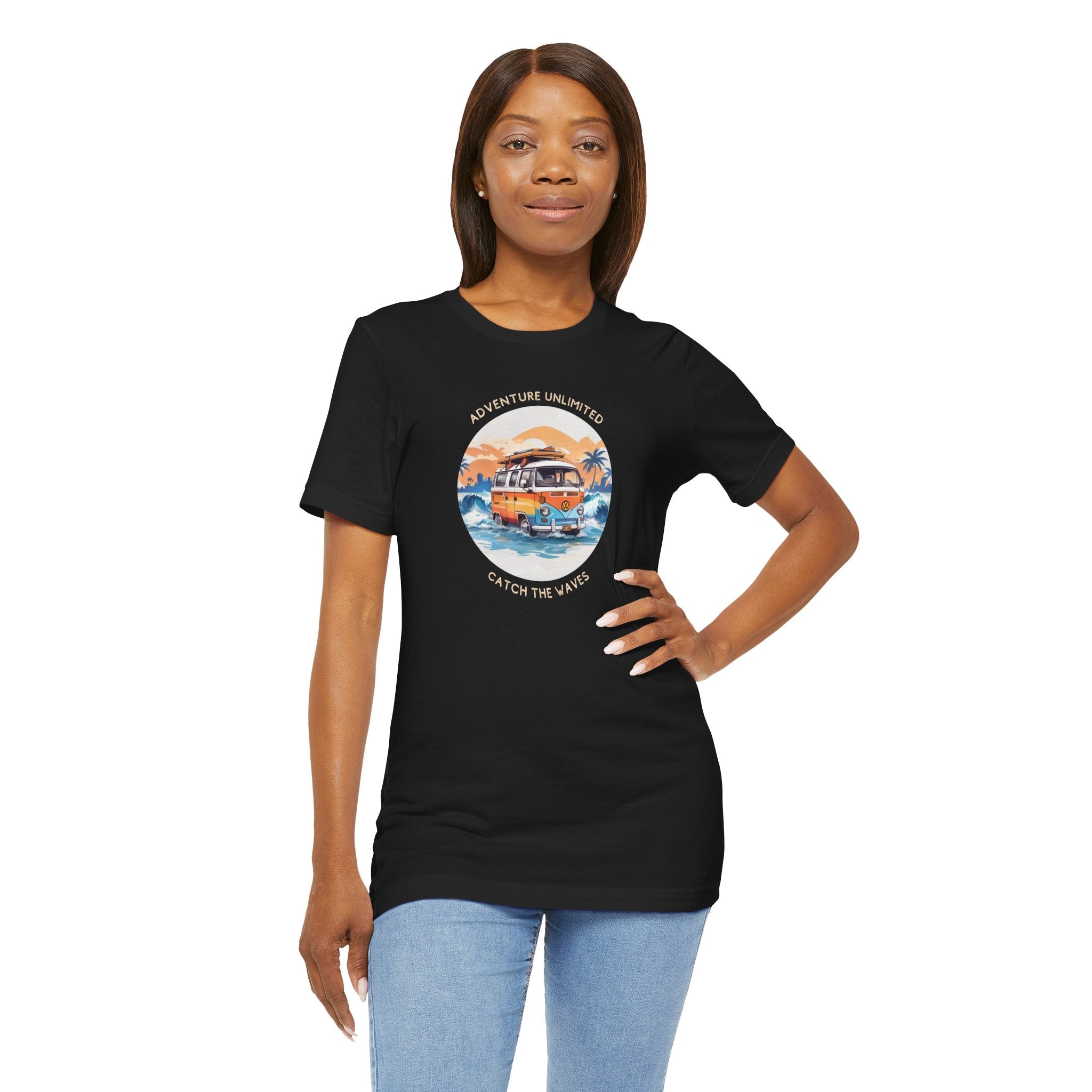 Adventure Unlimited black t-shirt with printed text on woman