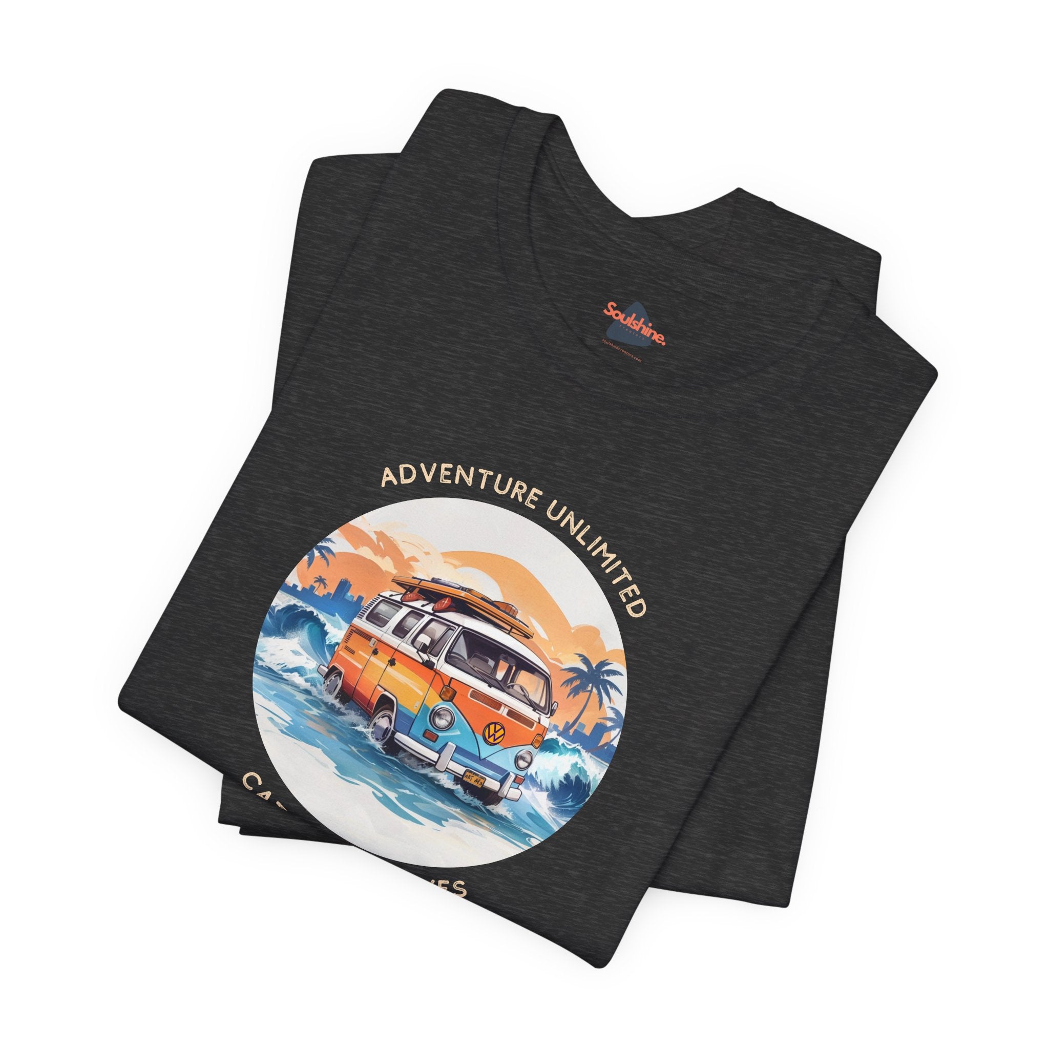 Adventure Unlimited black t-shirt with van and surfboard design, direct-to-garment printed item