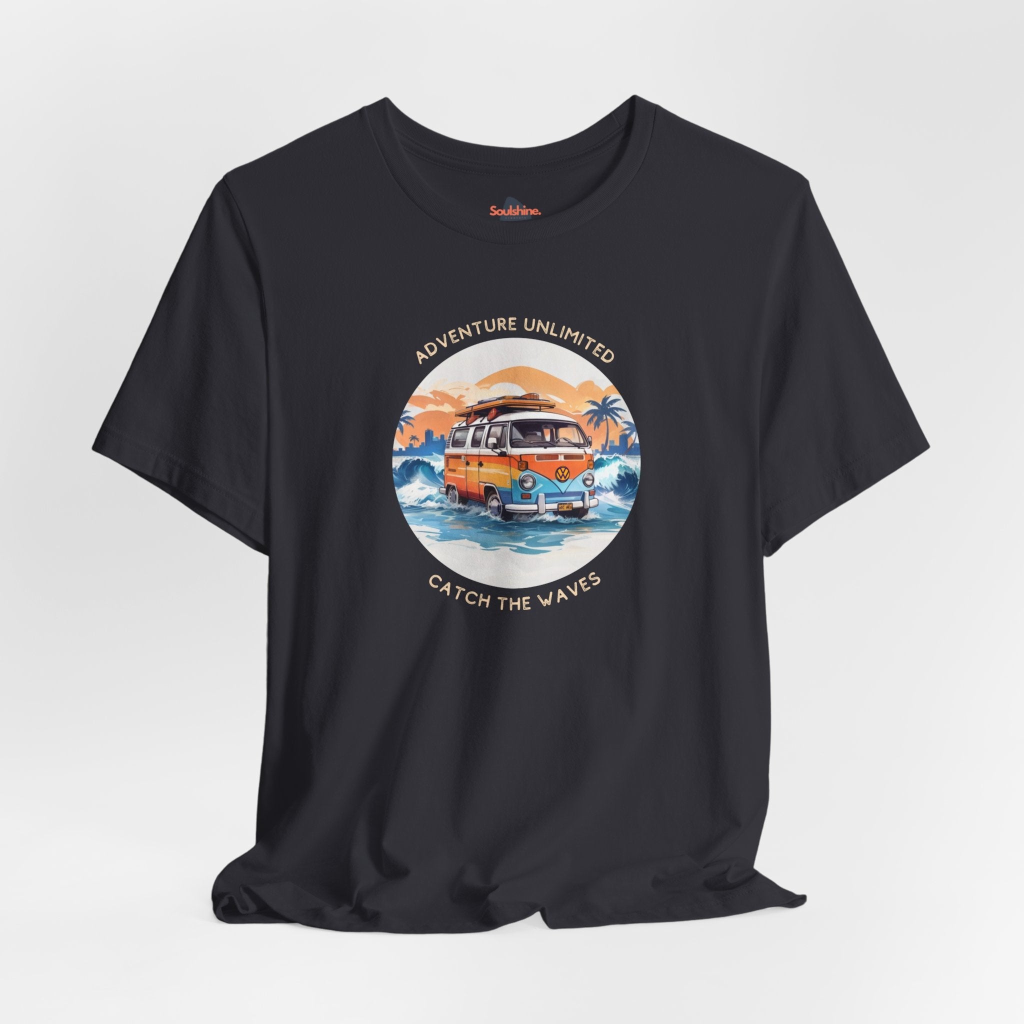 Adventure Unlimited - Unisex Jersey Short Sleeve Tee - US direct-to-garment printed black shirt with van on beach