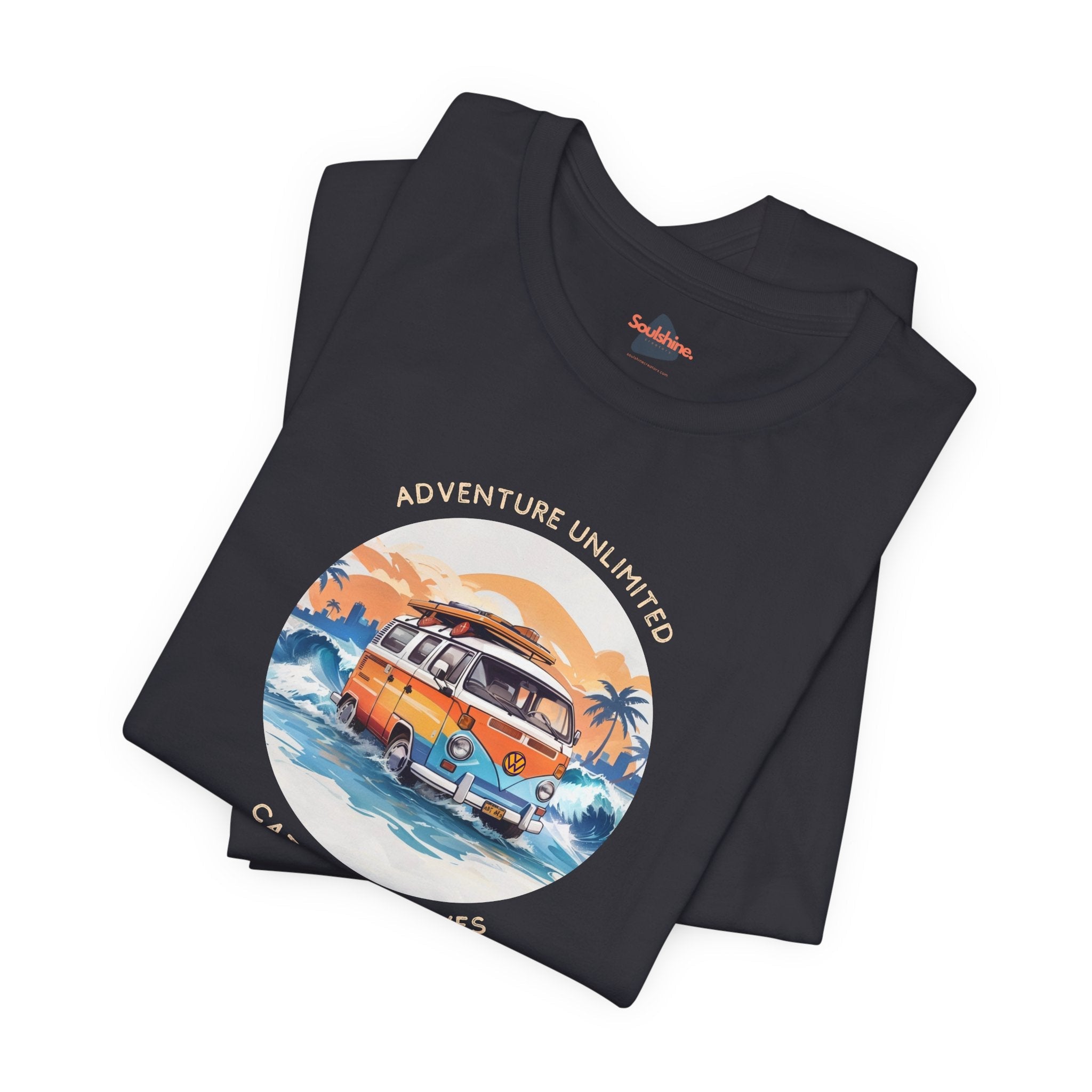 Adventure Unlimited Unisex Jersey Tee with Van and Surfboard Design printed - Direct-to-Garment Item