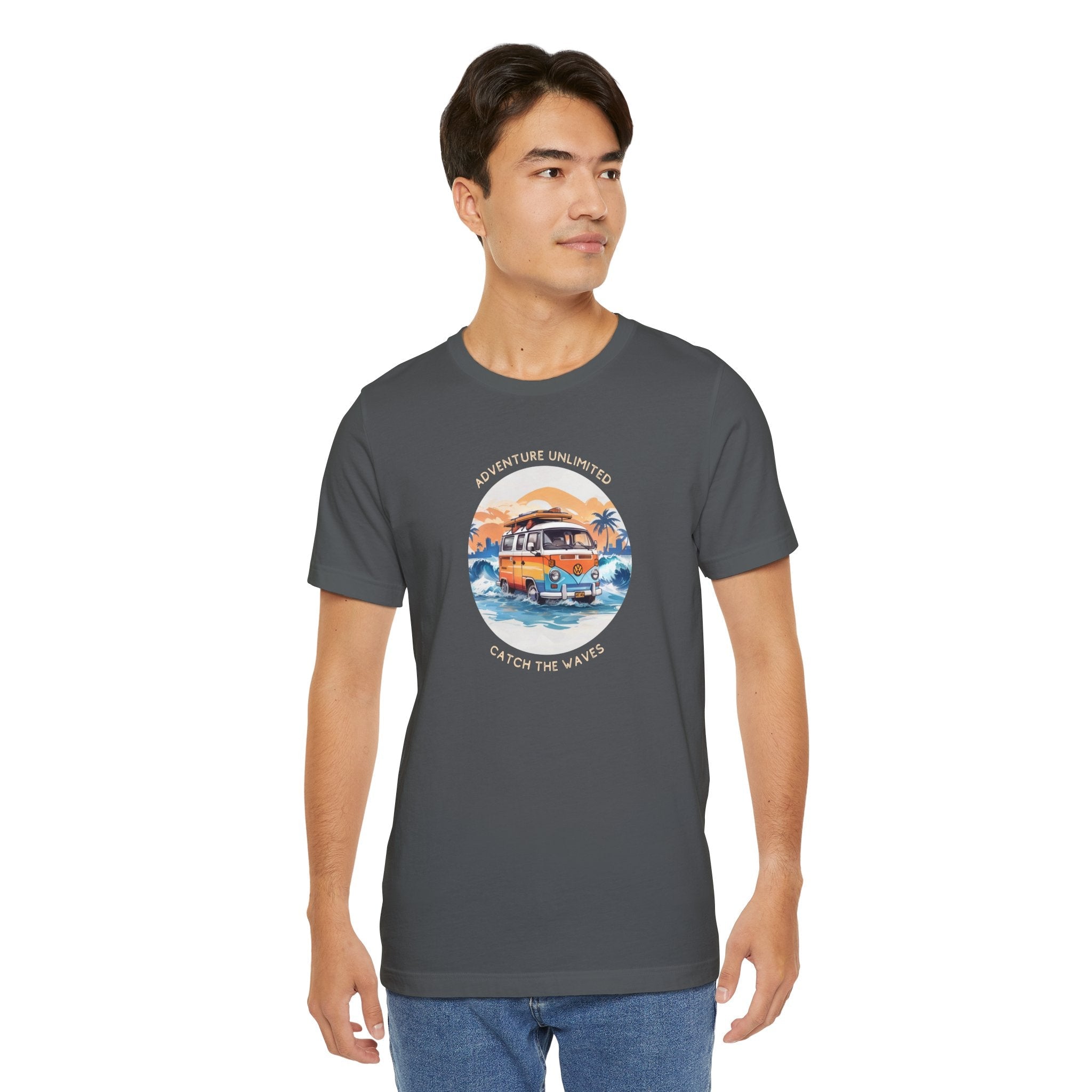 Adventure Unlimited unisex jersey tee with van graphic, direct-to-garment printed, grey shirt