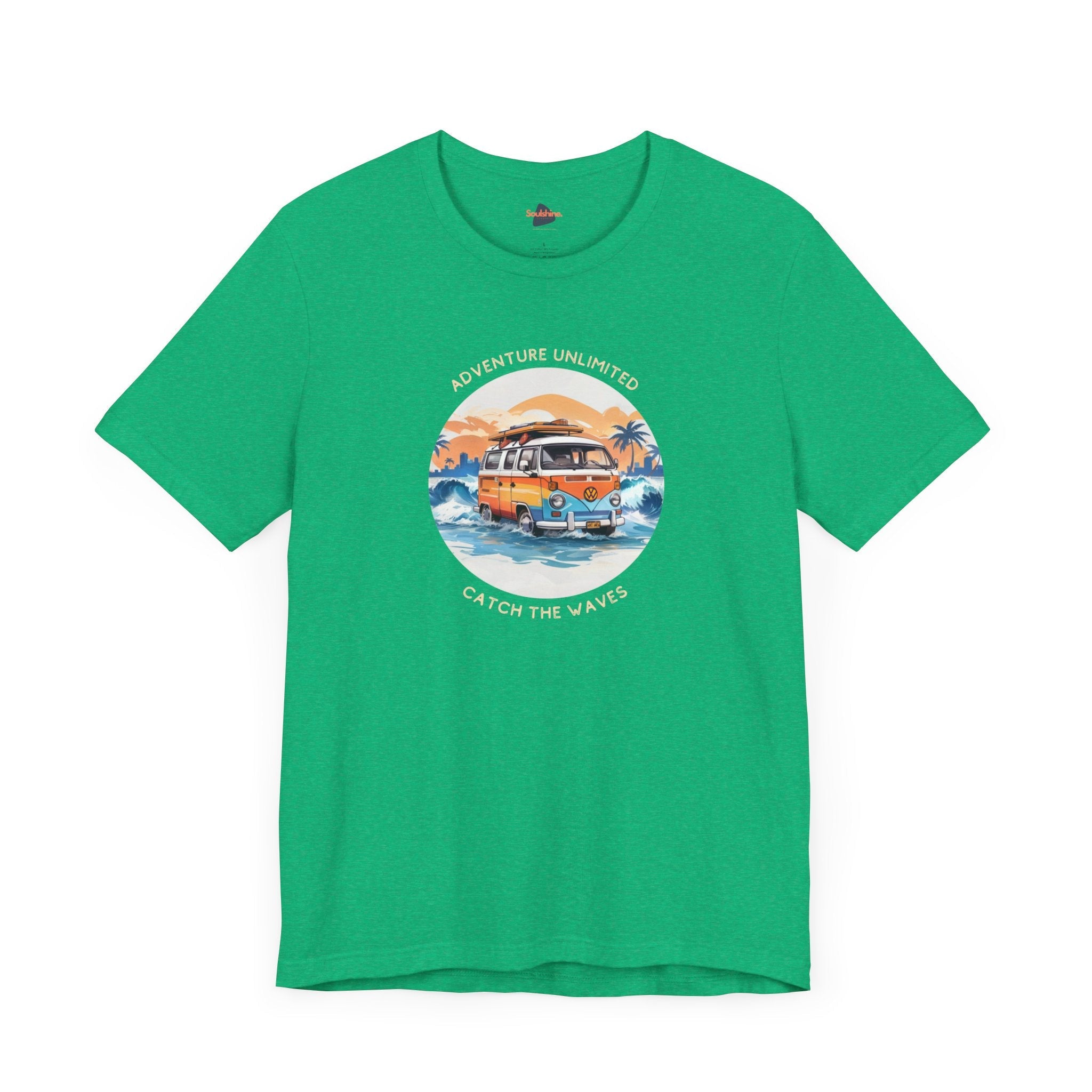 Adventure Unlimited green t-shirt with camper van on beach - direct-to-garment printed item