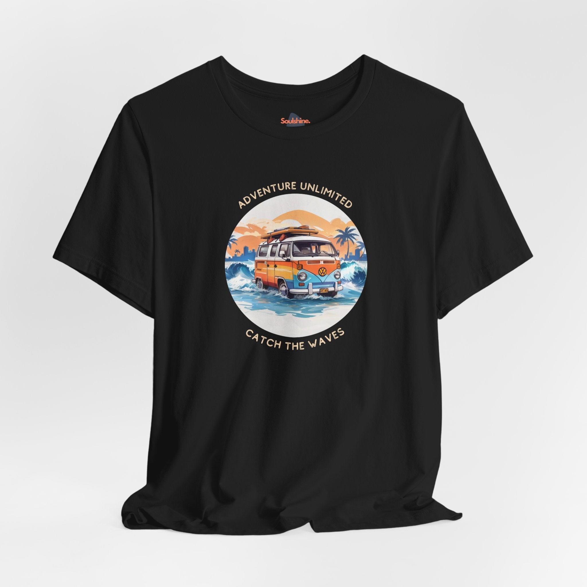 Adventure Unlimited unisex jersey tee with van on beach sunset, direct-to-garment printed item
