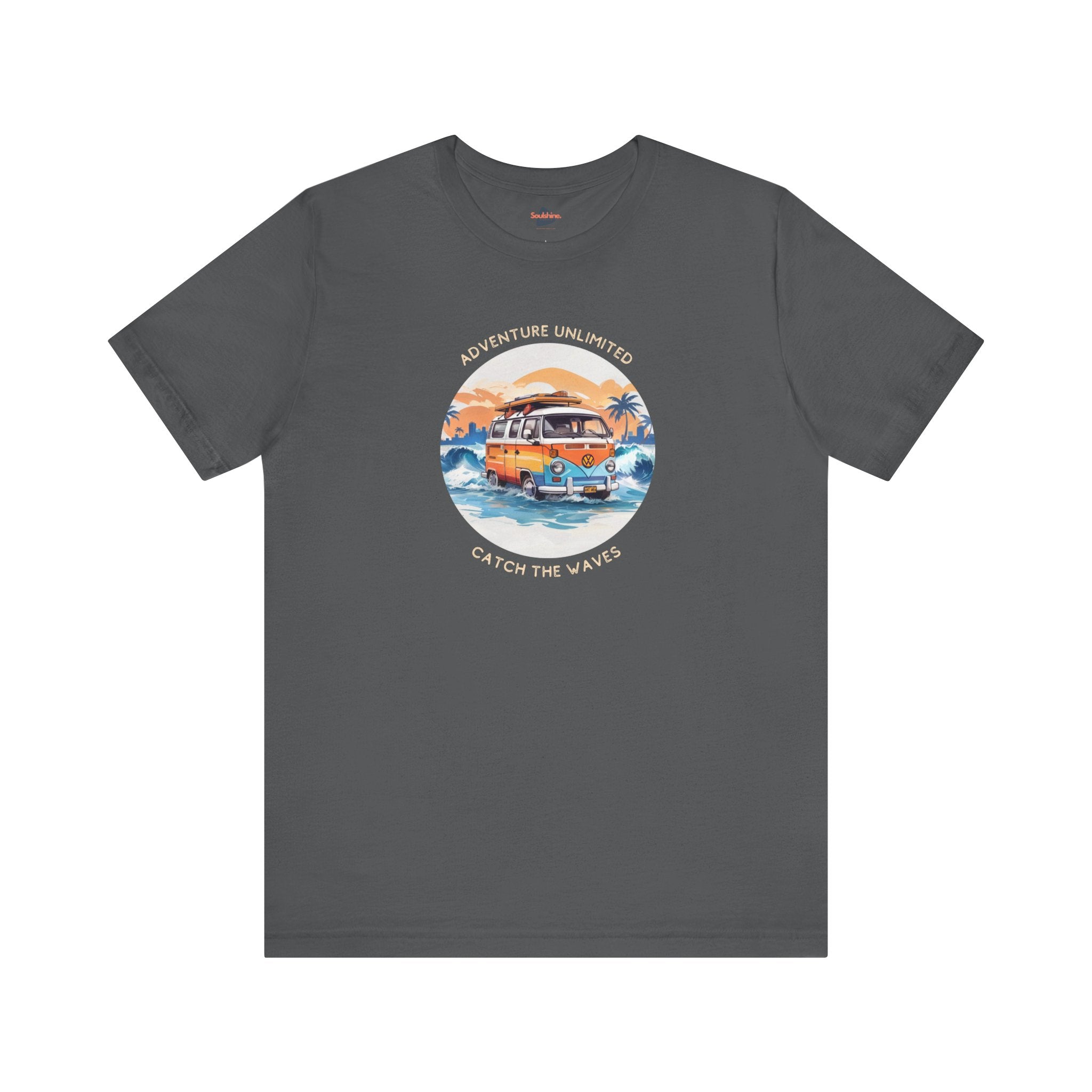 Adventure Unlimited black unisex tee with ` ` ` on the water design, direct-to-garment printed item