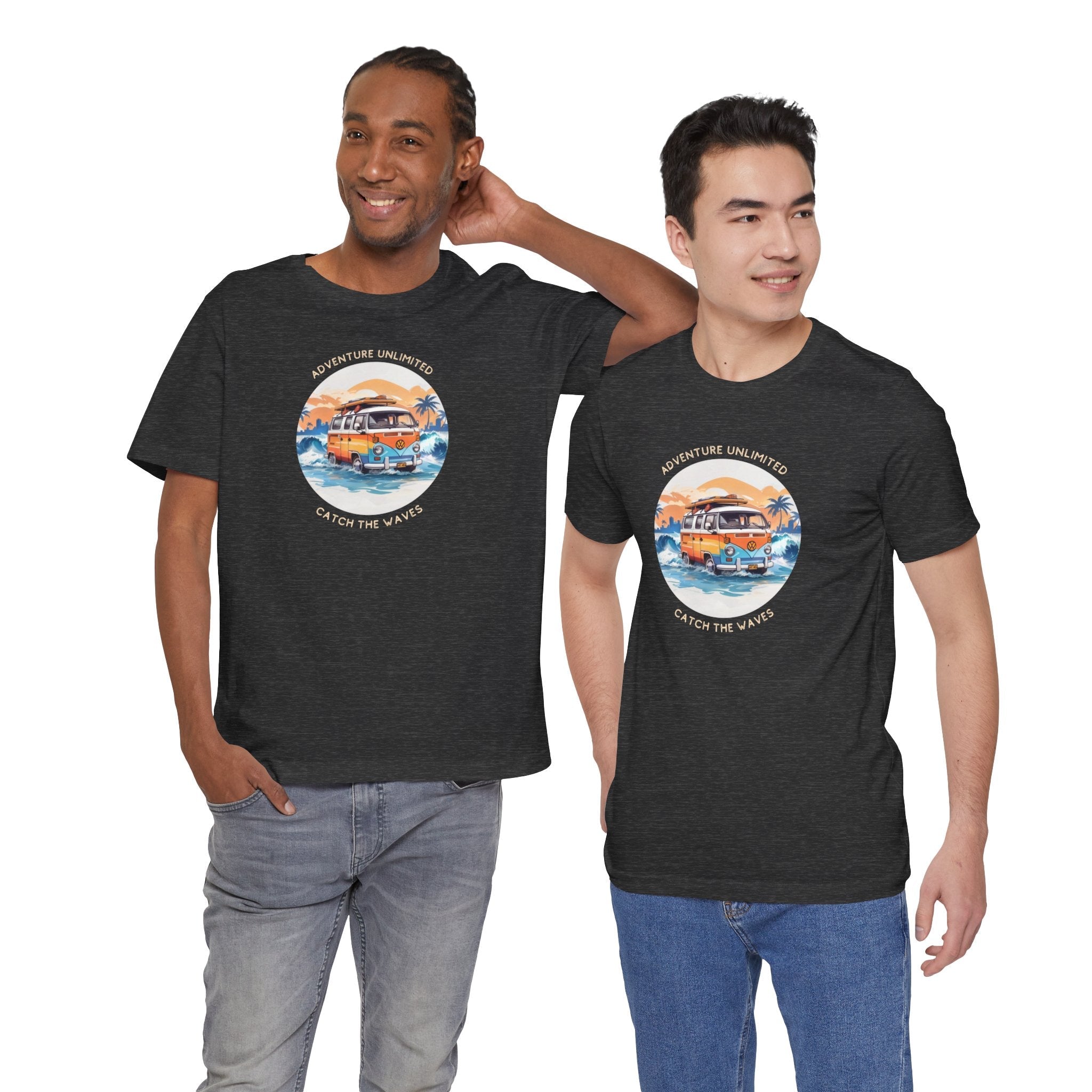 Adventure Unlimited - Unisex Jersey Short Sleeve Tee - US, two men wearing t-shirts with ’the best day ever’ printed