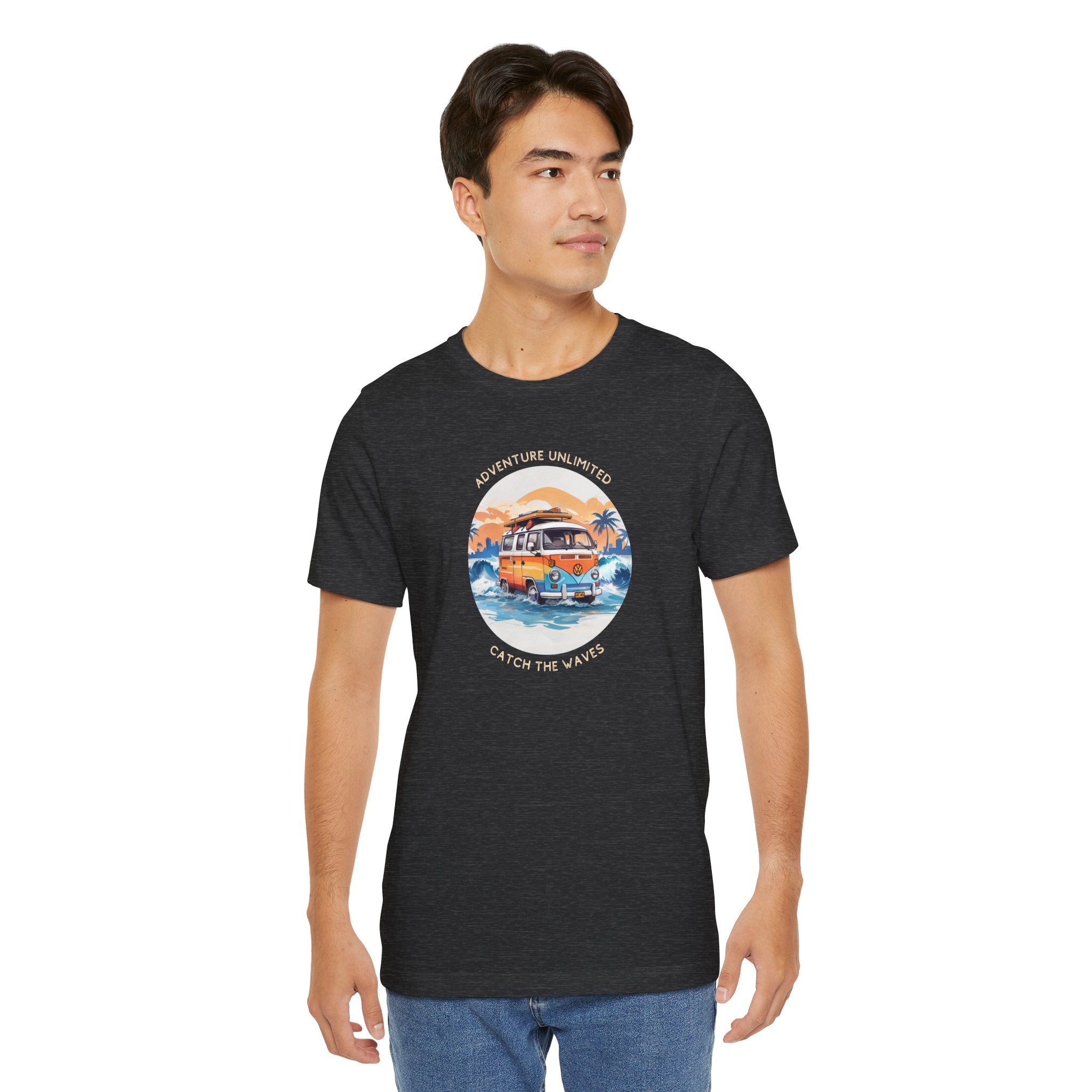 Adventure Unlimited unisex jersey short sleeve tee with a man in black shirt with bus design printed on it