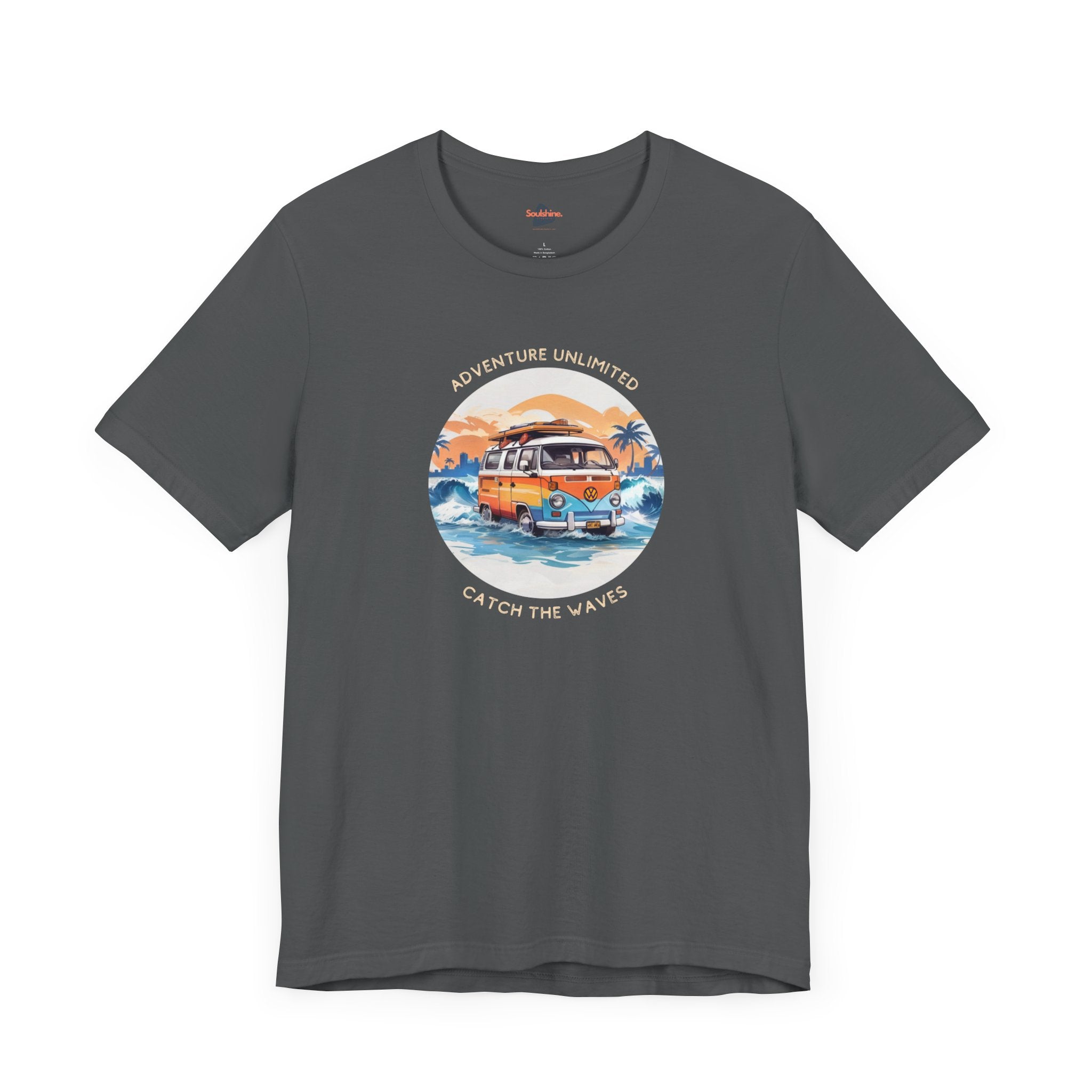 Adventure Unlimited grey unisex t-shirt with van on beach and sunset printed - direct-to-garment item