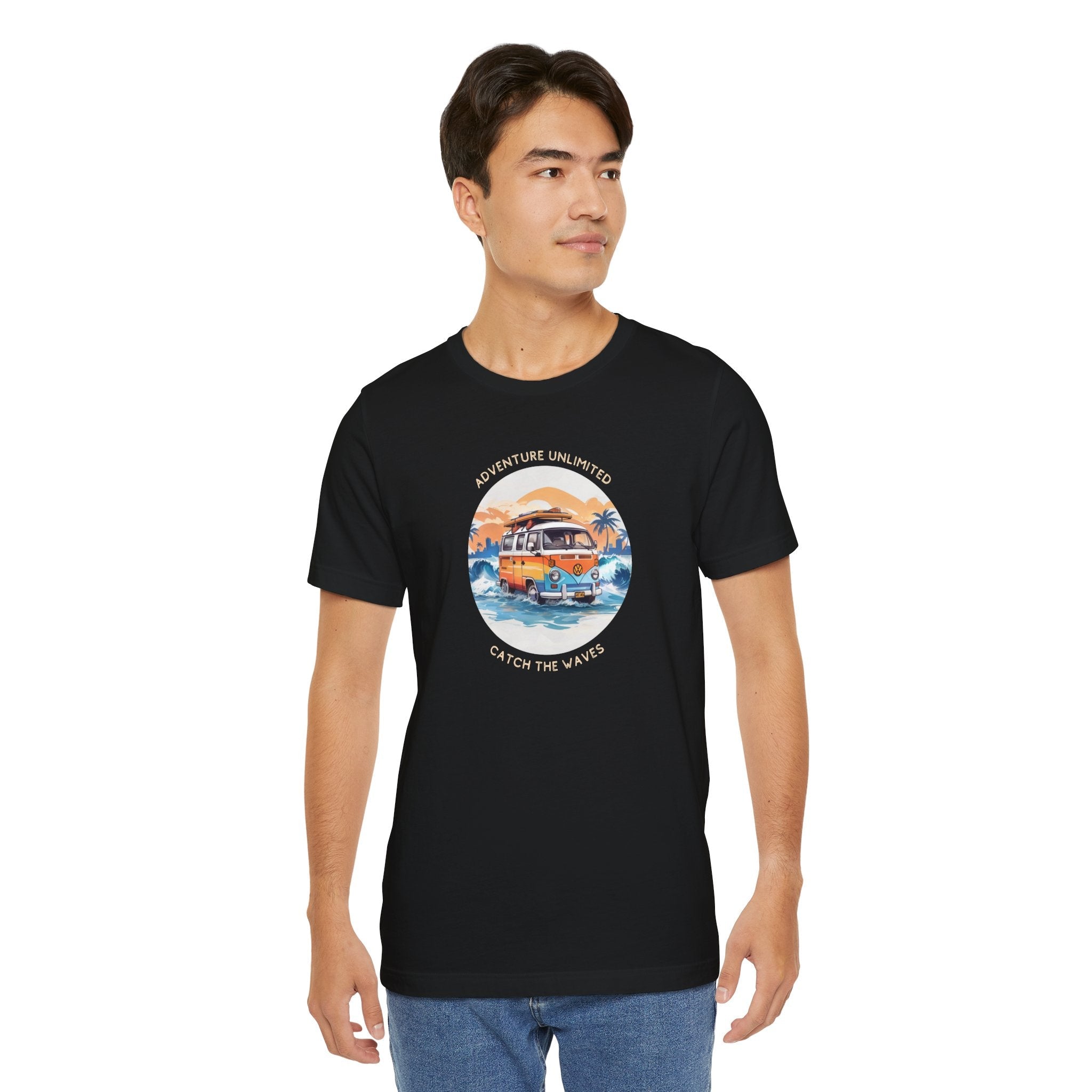 Adventure Unlimited unisex jersey tee with bus printed on black shirt