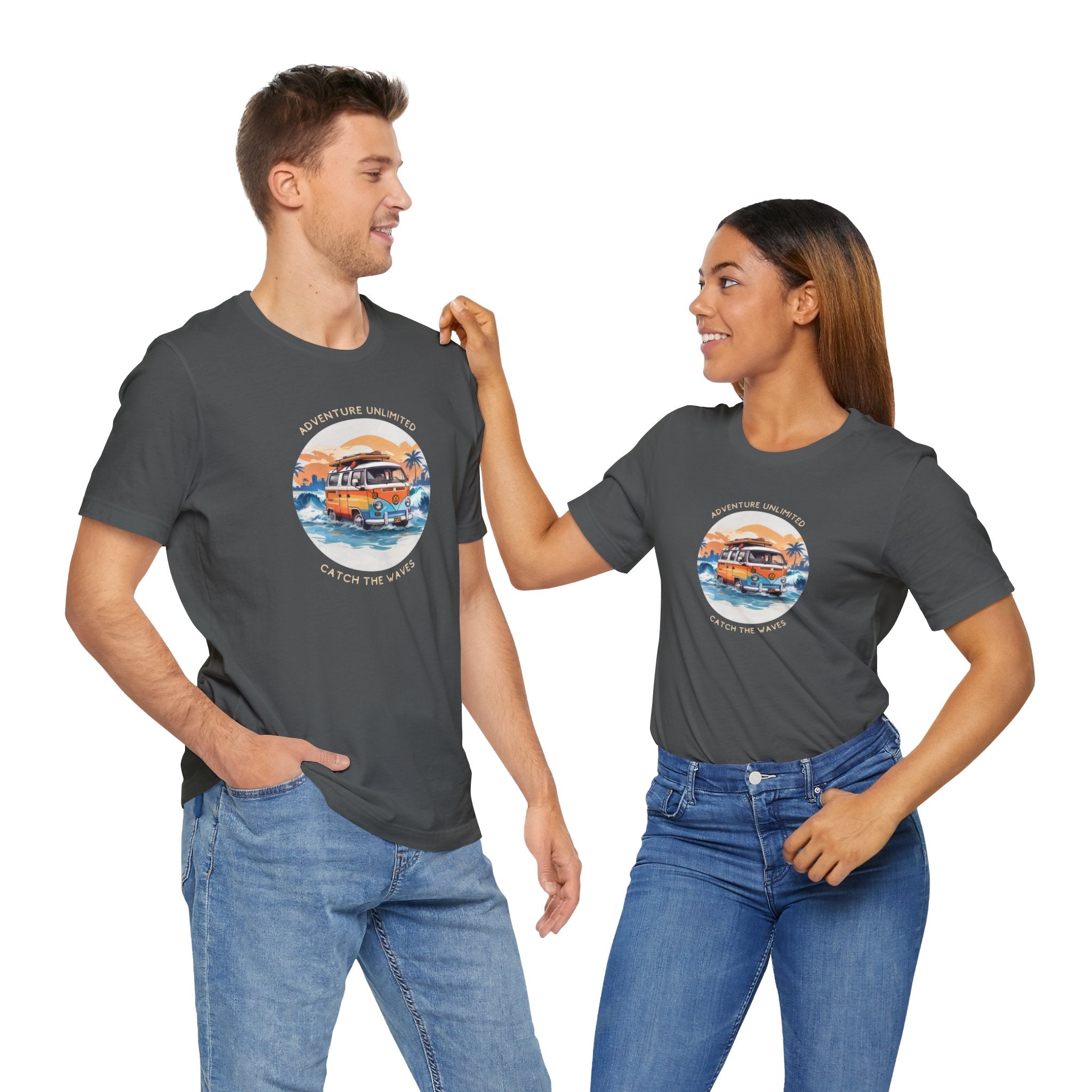 Adventure Unlimited Unisex Jersey Short Sleeve Tee - US direct-to-garment printed matching couple wearing t-shirts