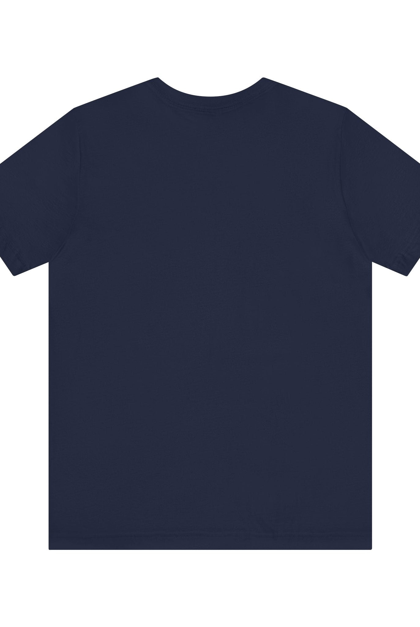 Bella & Canvas navy t shirt with white logo, direct-to-garment printed item