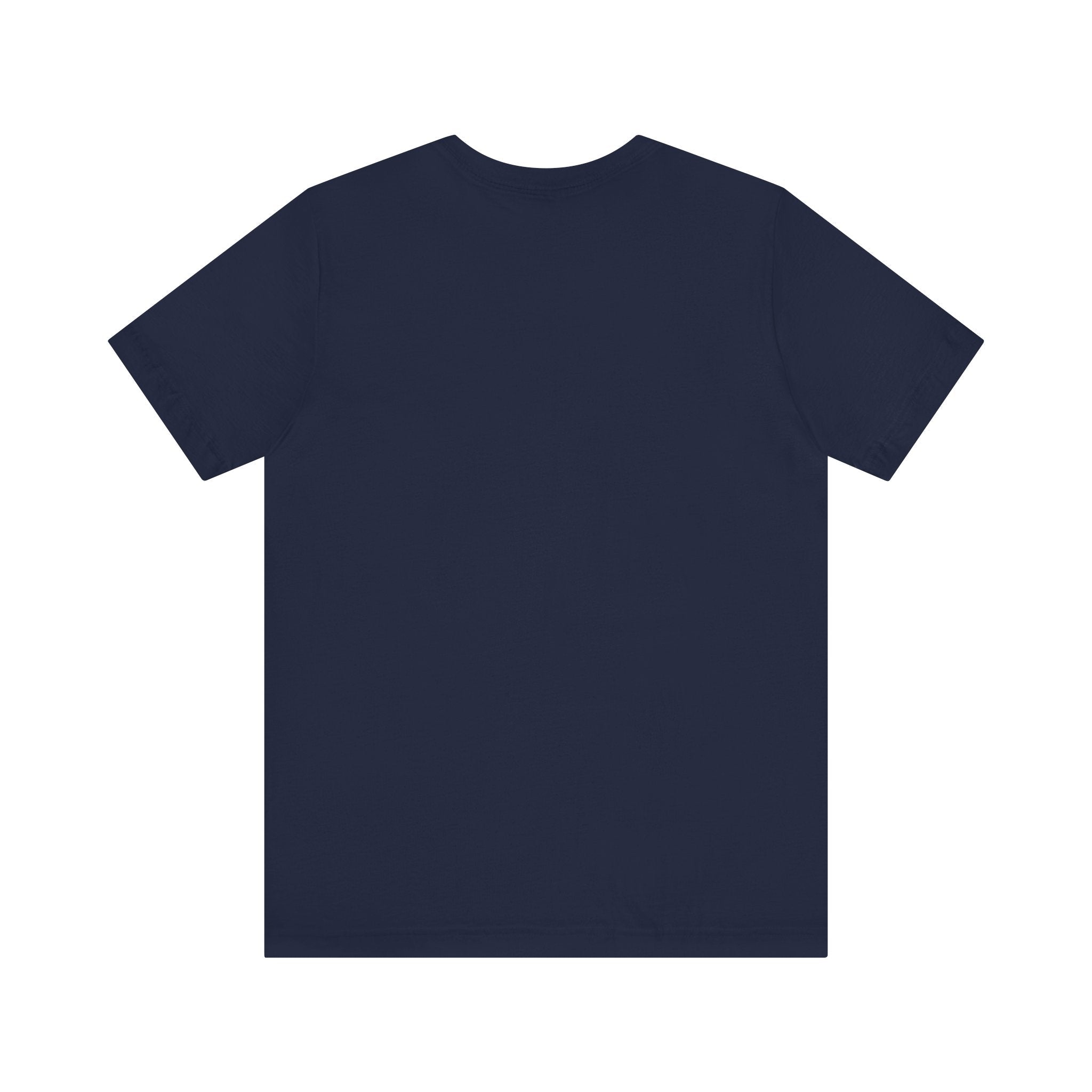Bella & Canvas navy t shirt with white logo, direct-to-garment printed item