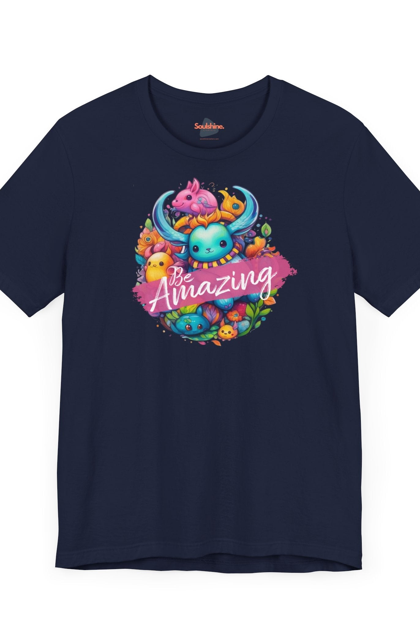 Printed navy ’Be Amazing’ T-shirt with colorful flowers by Soulshinecreators