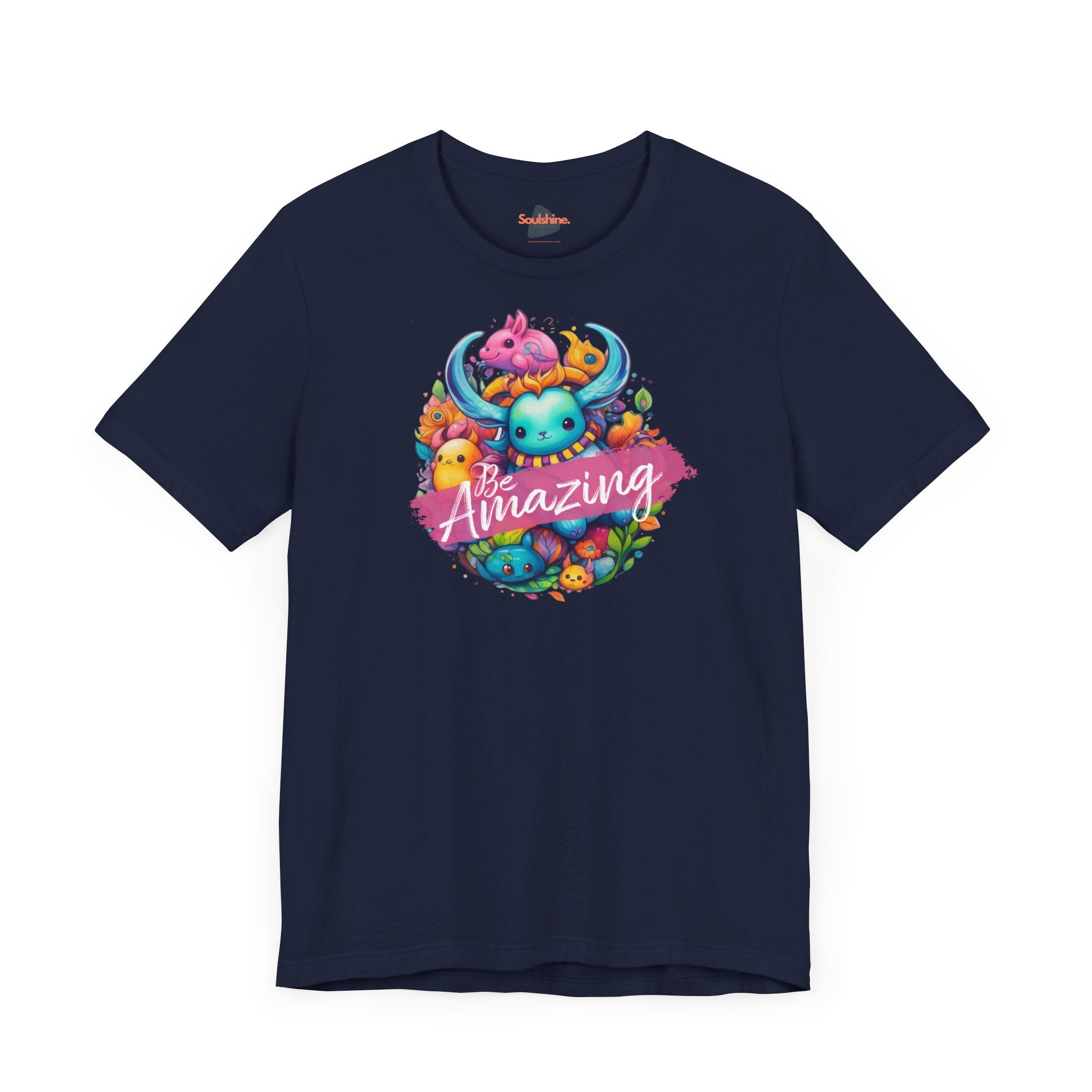 Printed navy ’Be Amazing’ T-shirt with colorful flowers by Soulshinecreators