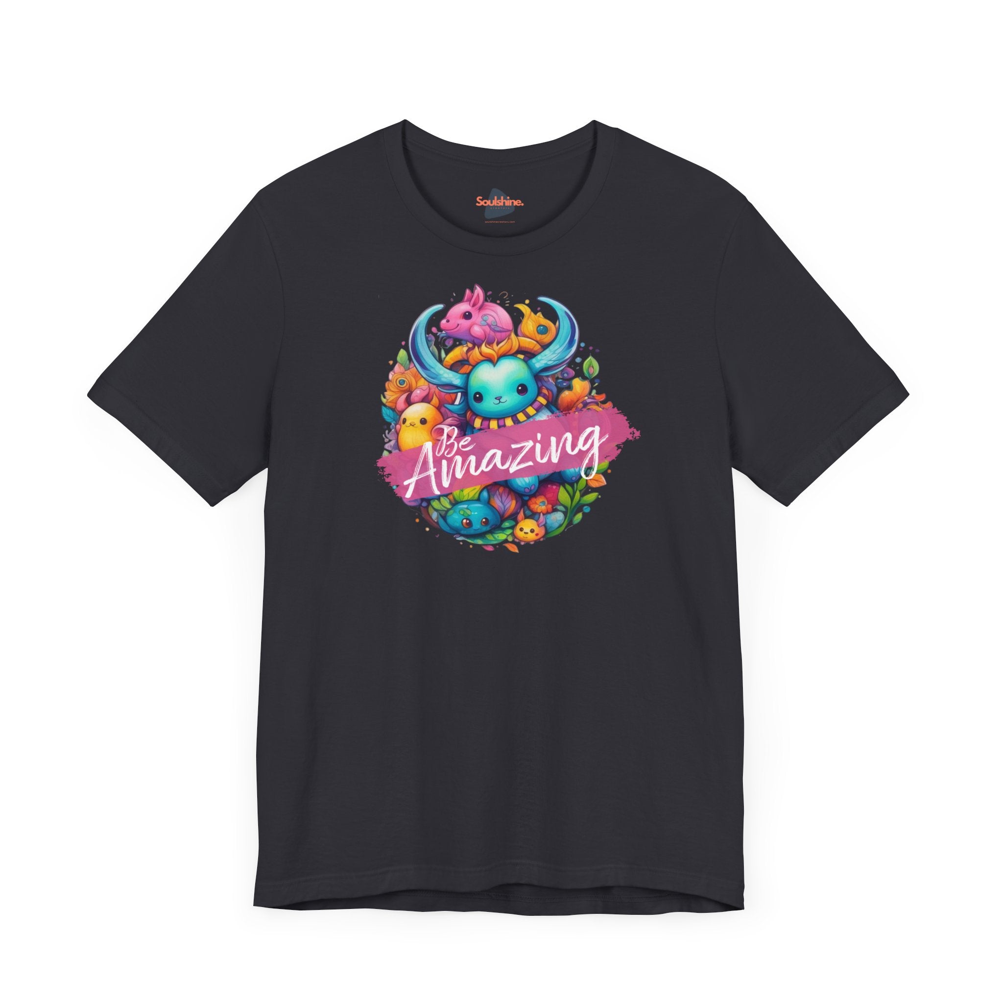 Direct-to-Garment printed black t-shirt with colorful flowers design - Be Amazing - Unisex
