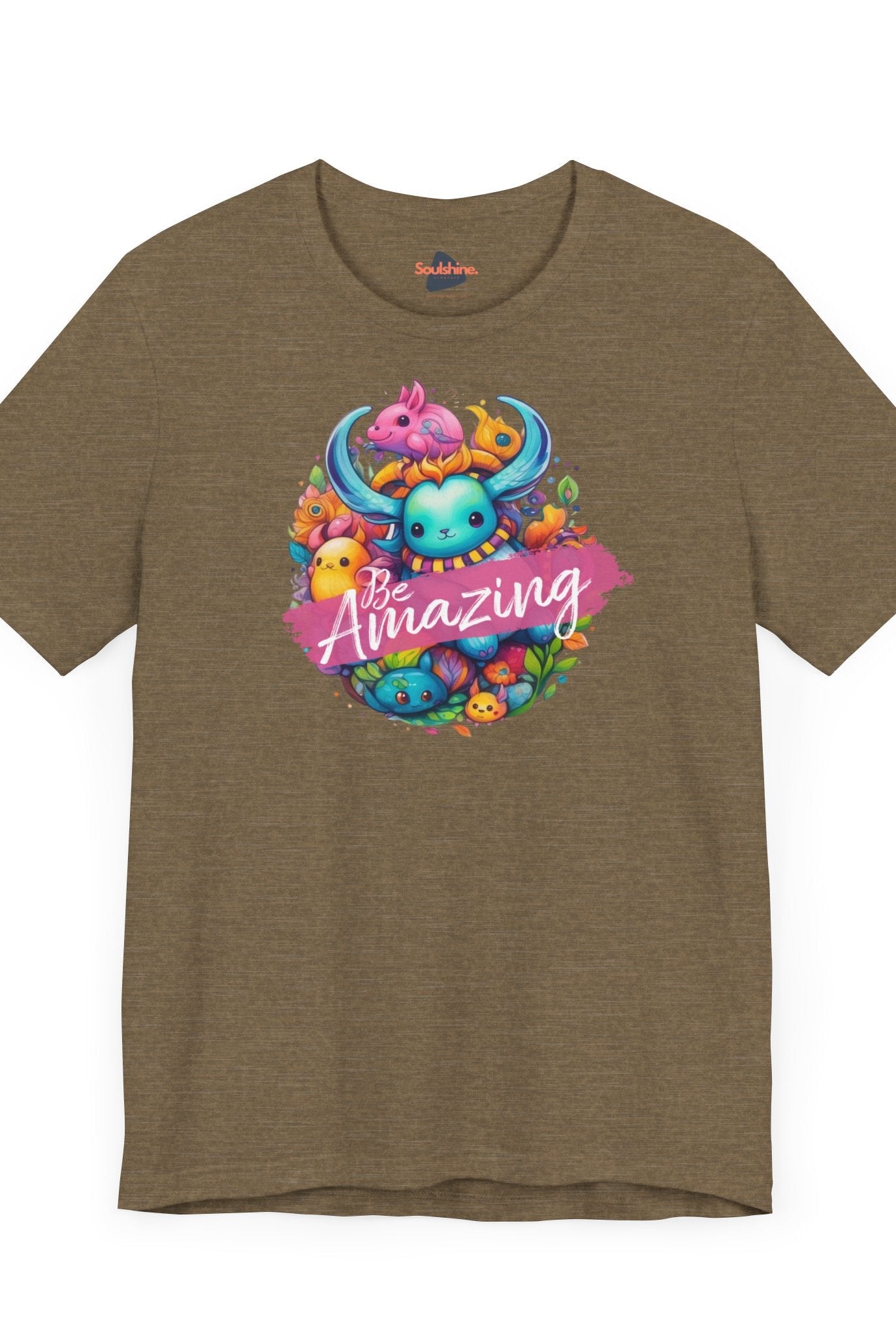 Be Amazing direct-to-garment printed brown unisex t-shirt with bull and flower design by Soulshinecreators