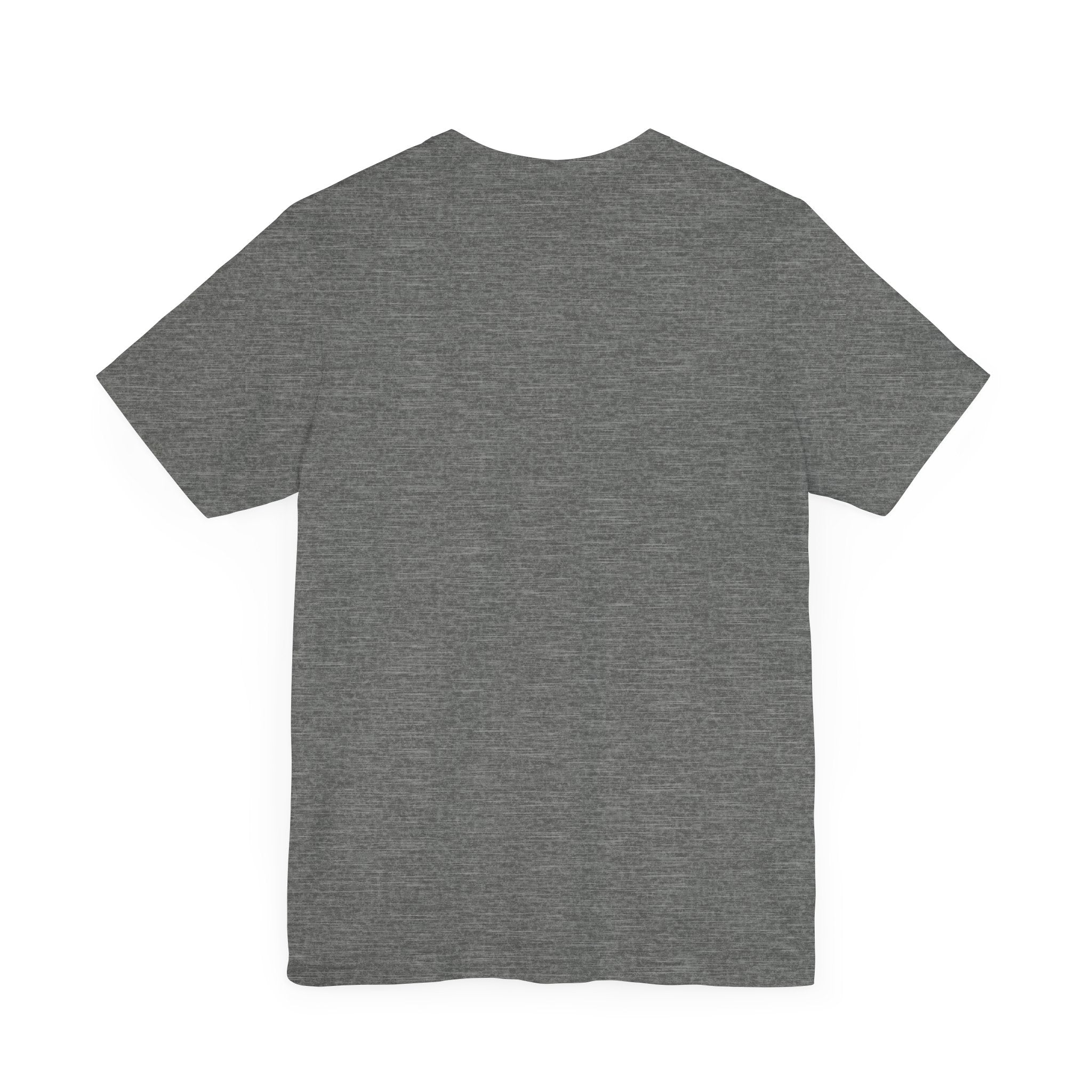 Grey unisex Jersey Short Sleeve Tee with white logo on back, printed item
