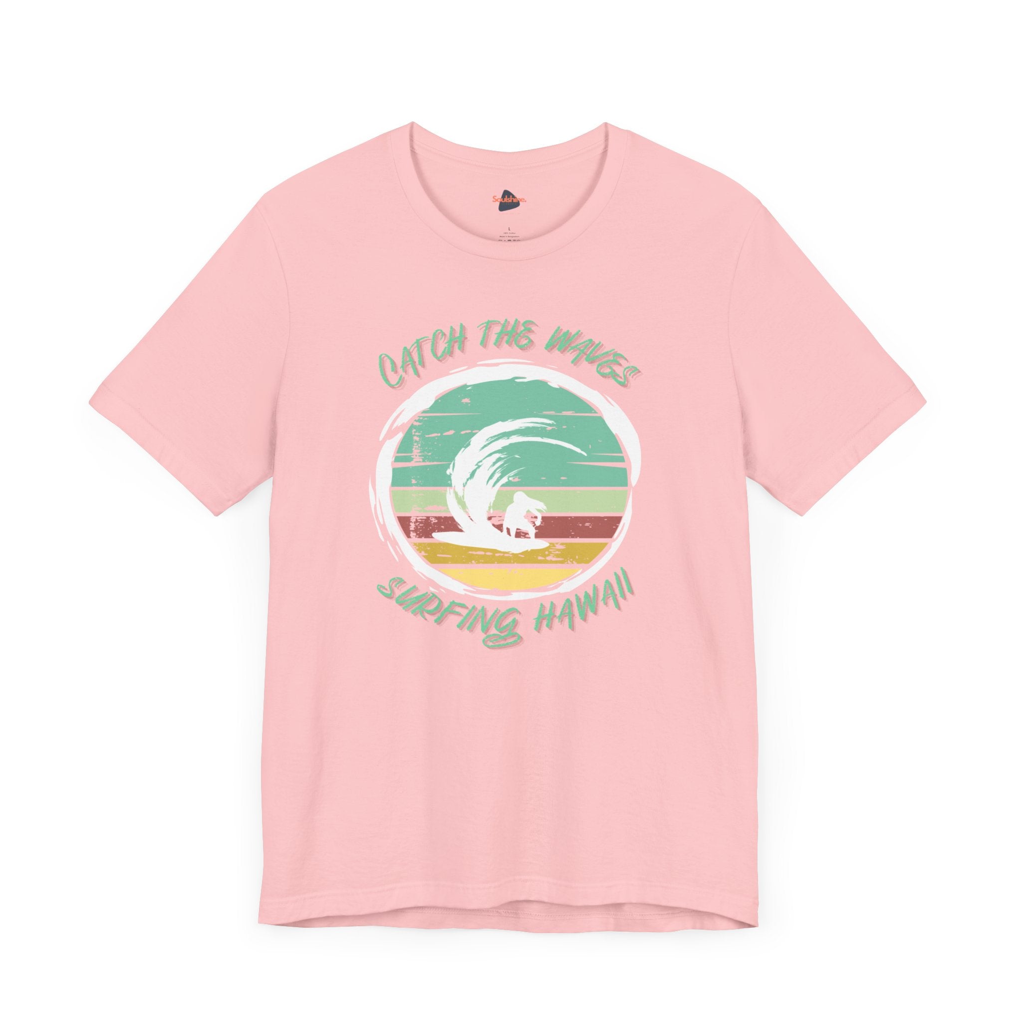 Catch the Waves Surfing T-Shirt: pink skunk printed on beach scene - Soulshinecreators - Unisex Jersey Short Sleeve Tee