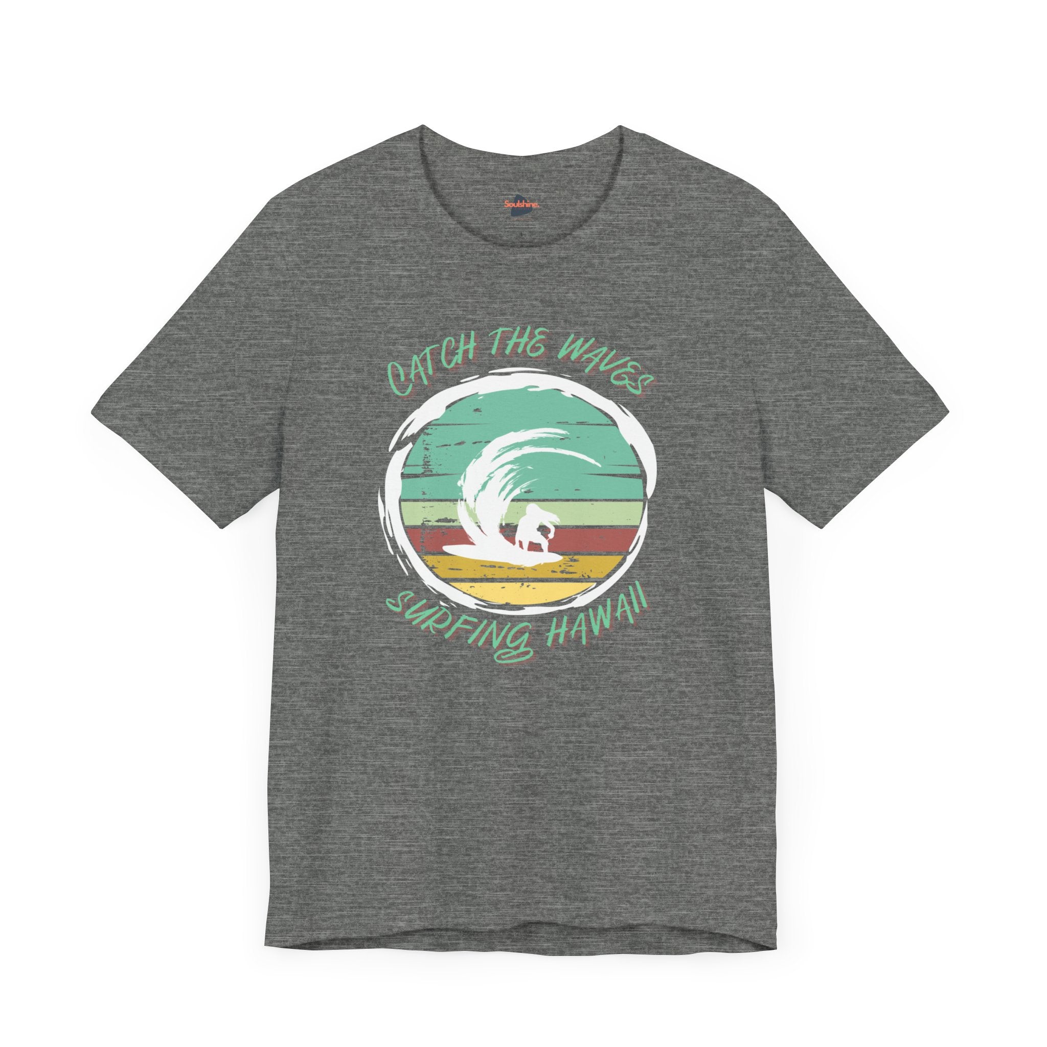 Printed grey surfing t-shirt with surfer riding waves - direct-to-garment item from Soulshinecreators