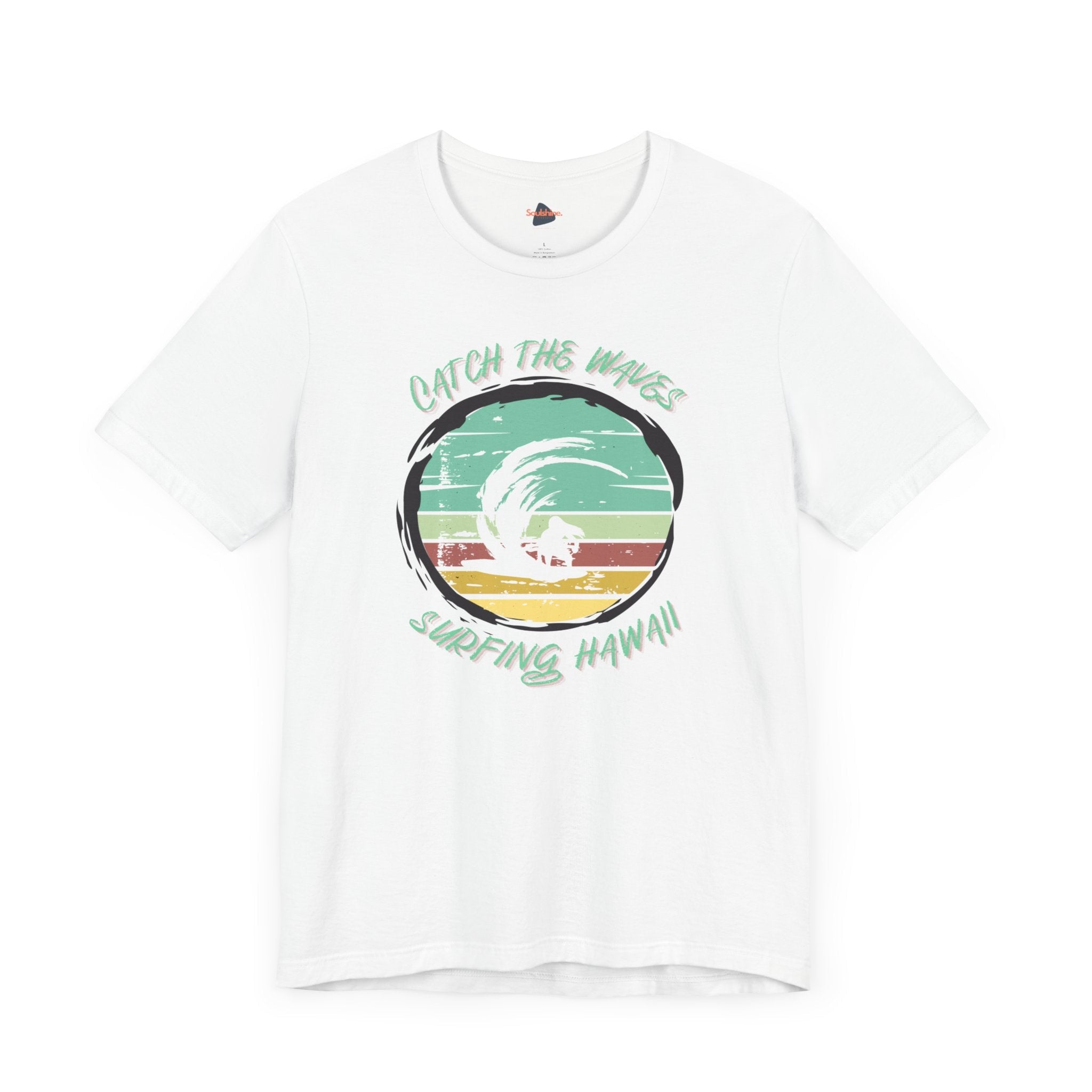 Catch the Waves Surfing T-Shirt - Direct-to-Garment Printed White Tee with Palm Tree and Wave