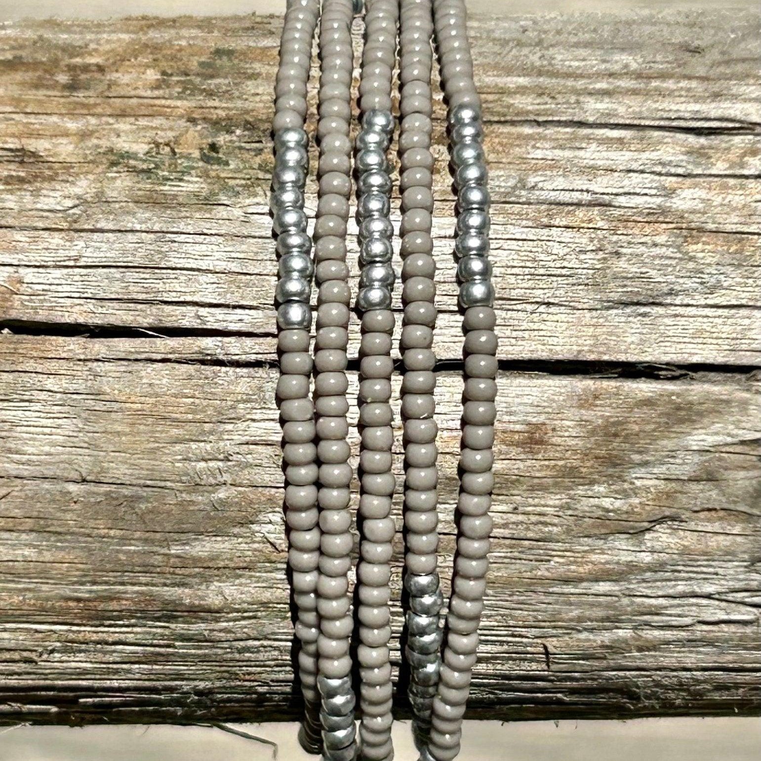 Grey & Silver-Striped Beaded 5-Wrap Bracelet - Soulshinecreators - beaded boho wrap bracelet