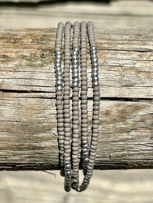 Grey & Silver-Striped Beaded 5-Wrap Bracelet - Soulshinecreators - beaded boho wrap bracelet