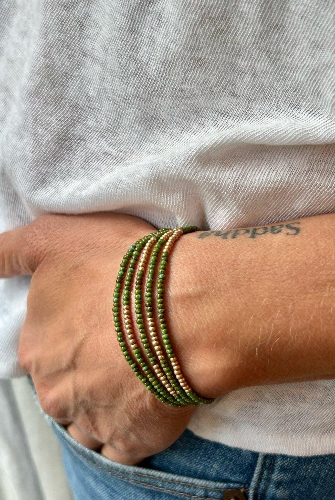 Hunter Green Gold-Striped Beaded 5-Wrap Bracelet - Soulshinecreators - beaded boho wrap bracelet