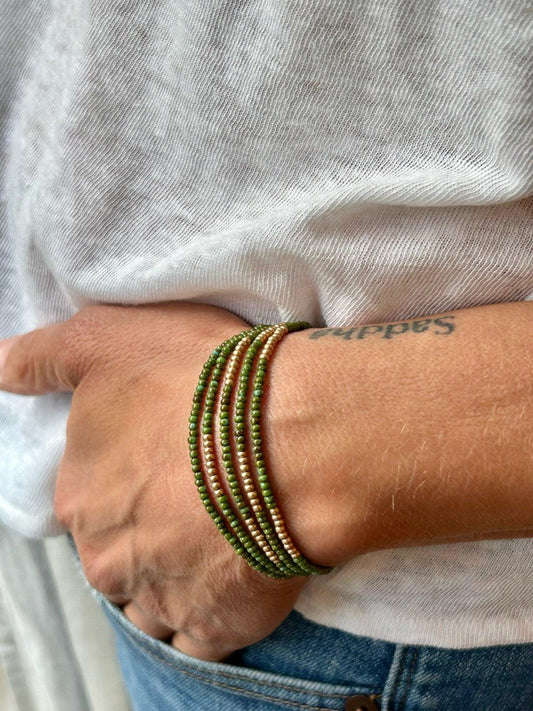 Hunter Green Gold-Striped Beaded 5-Wrap Bracelet - Soulshinecreators