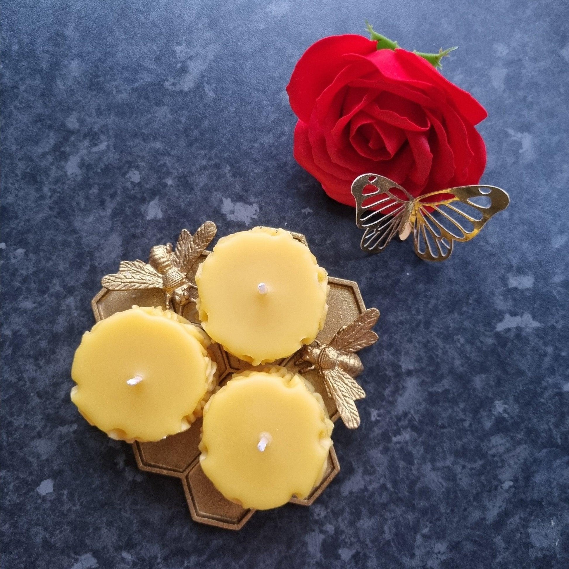 Set of 3 Pure Beeswax Votive Candles with Elegant Rose Design | 1.6oz - Soulshinecreators