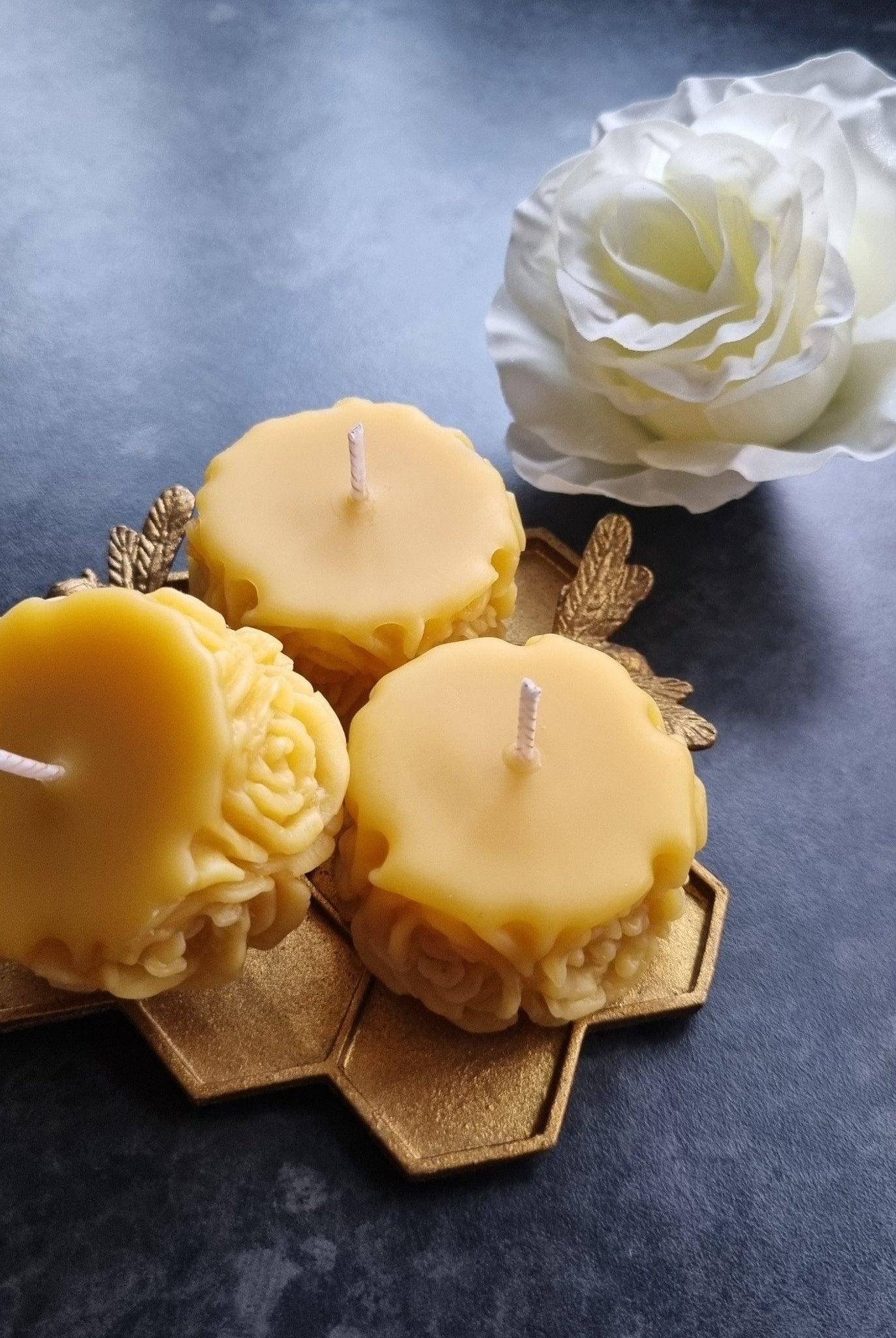 Set of 3 Pure Beeswax Votive Candles with Elegant Rose Design | 1.6oz - Soulshinecreators - aesthetic candle