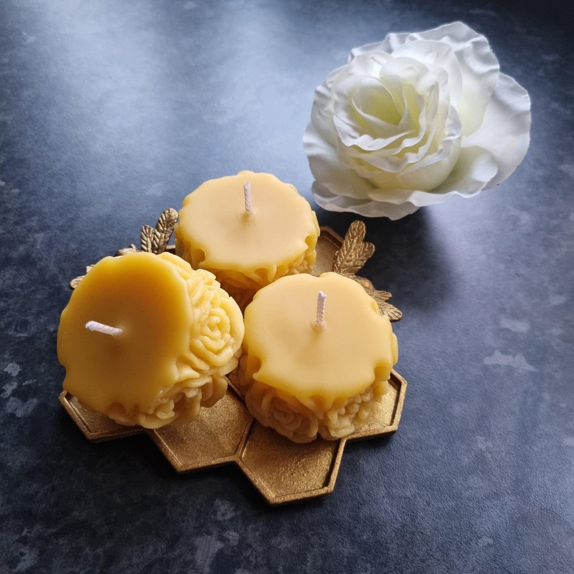 Set of 3 Pure Beeswax Votive Candles with Elegant Rose Design | 1.6oz - Soulshinecreators