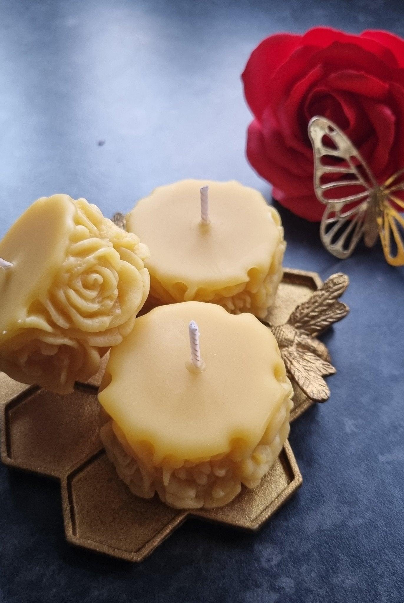 Set of 3 Pure Beeswax Votive Candles with Elegant Rose Design | 1.6oz - Soulshinecreators - aesthetic candle